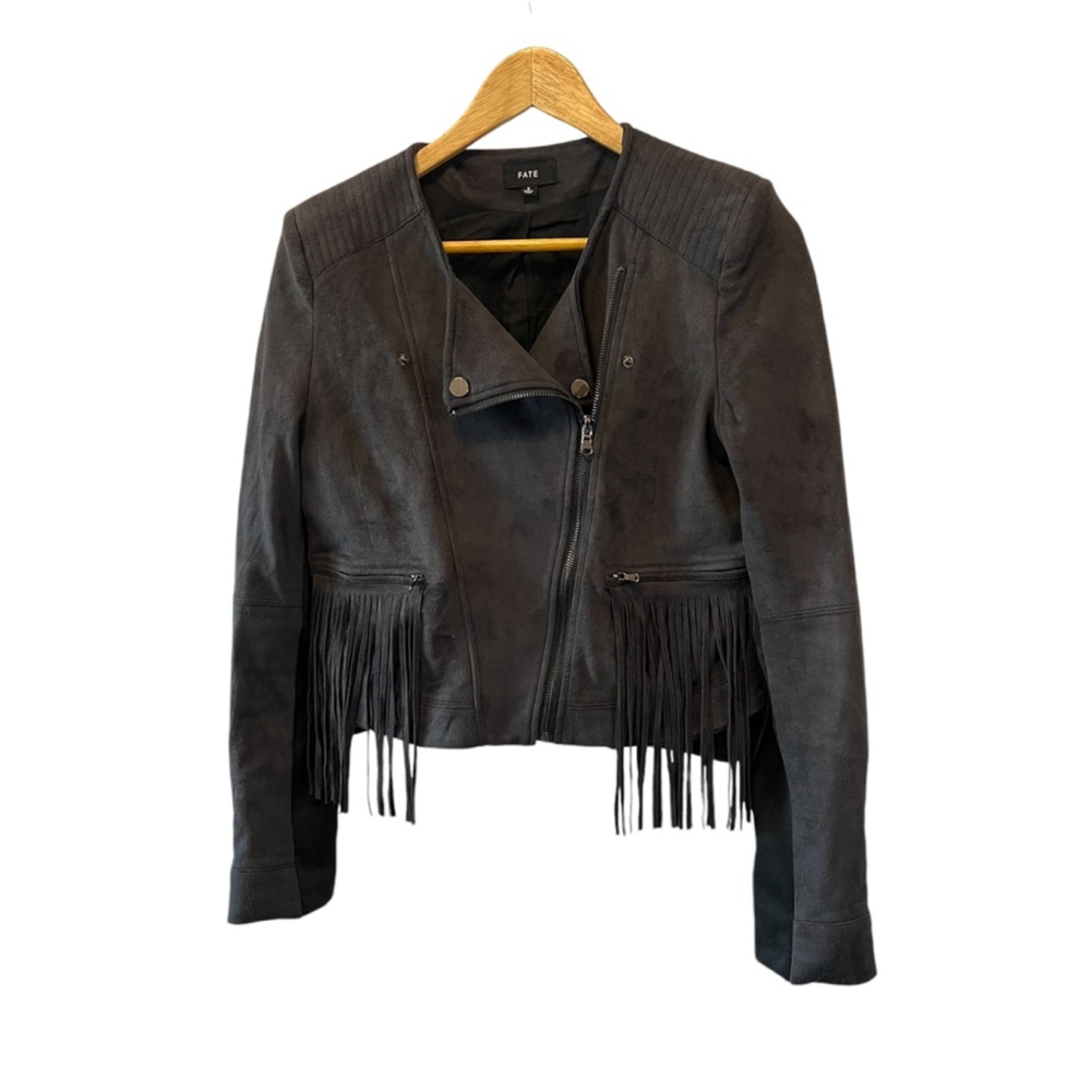 FATE Revolve Black Fringe Trim Faux Suede Asymmetrical Zip Lightweight Jacket S - Picture 2 of 10